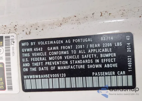 2014 Volkswagen Eos Sport z USA, uszkodzony, nr VIN WVWBW8AH5EV005120